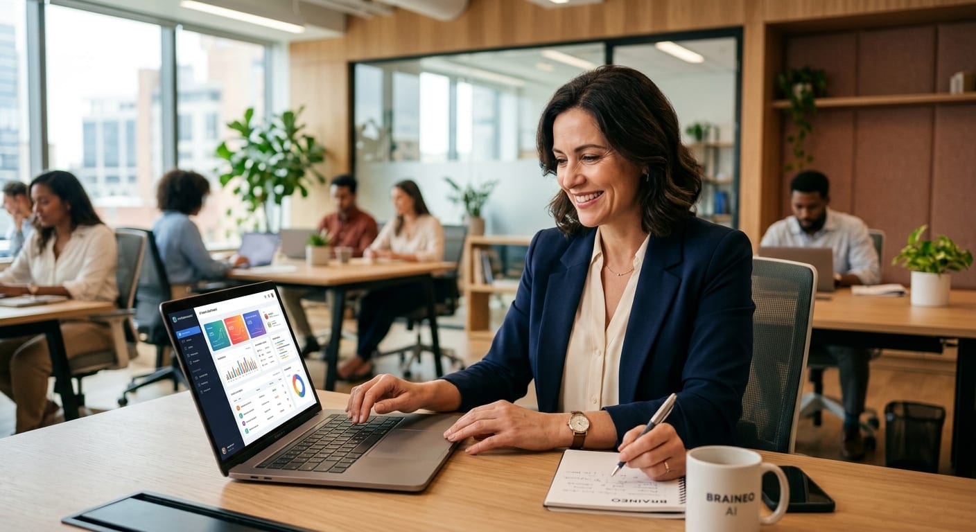 Une dirigeante d'entreprise souriante au bureau consultant son tableau de bord de gestion des emails sur ordinateur portable dans une atmosphère moderne et chaleureuse.