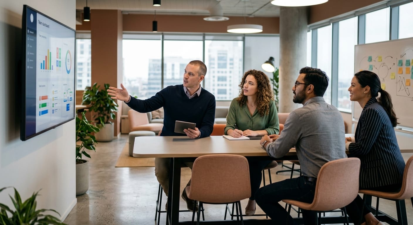 Des collaborateurs en réunion de travail décontractée examinant l'organisation et la productivité de leurs équipes sur écran dans des locaux d'entreprise soignés.